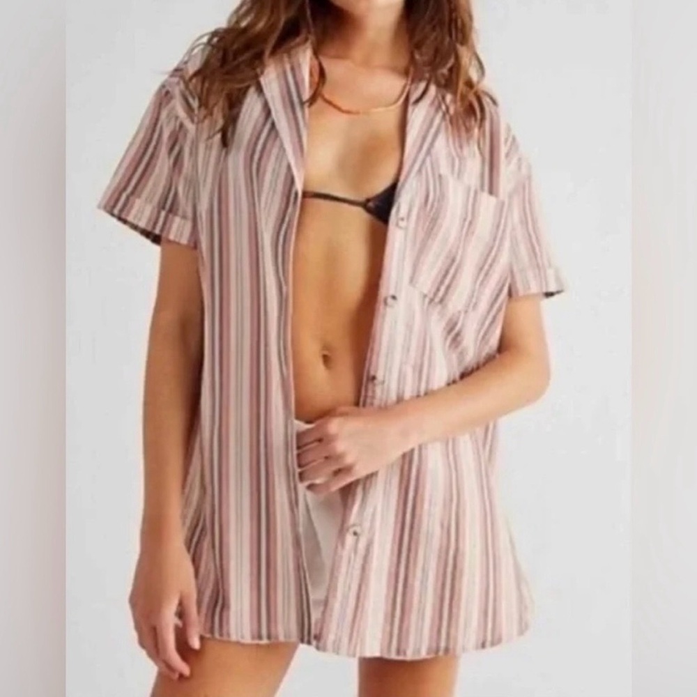 We The Free Poolside Striped Button Down Shirt Sz M Boyfriend Oversized Slouchy